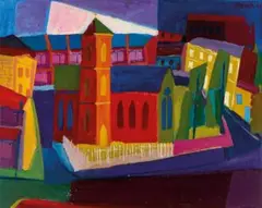 Church In A City by Leonard French, 1949, oil on board, sold Jul 2020