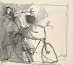 Bicycle Boys (Study) by John Olsen, 1954 – 55, pen and ink and wash on paper, sold Jul 2020