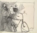 Bicycle Boys (Study) by John Olsen, 1954 – 55, pen and ink and wash on paper, sold Jul 2020