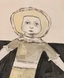 Doll In Green Dress by Joy Hester, c.1947 – 48, brush and ink, and watercolour on paper, offered Nov 2019