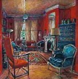 Red Room And Visitor by Margaret Olley, 2001, oil on board, sold Nov 2019
