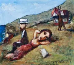 Two Figures With Kangaroo by Garry Shead, 1995, oil on composition board, sold Nov 2019