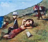 Two Figures With Kangaroo by Garry Shead, 1995, oil on composition board, sold Nov 2019