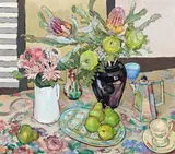 Still Life With Native Flowers And Pears by Criss Canning, 1985, oil on canvas, sold Nov 2019
