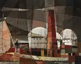 Industrial Landscape by Lawrence Daws, c.1954 – 55, oil on composition board, sold Nov 2019