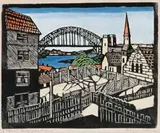 The Bridge From North Shore by Margaret Preston, c.1932, also known as ‘SYDNEY BRIDGE’ hand-coloured woodcut, sold Aug 2019