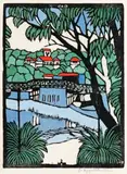 Mosman Bridge by Margaret Preston, c.1927, hand-coloured woodcut, sold Aug 2019