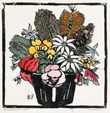Flannel Flowers Etc. by Margaret Preston, c.1928, hand-coloured woodcut, sold Aug 2019