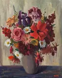 Fuschias And Other Flowers by Alison Rehfisch, c.1958, oil on hessian, sold Aug 2019
