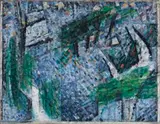 Scene Below, Paddington by Godfrey Miller, 1955 – 59, oil, pen and ink on canvas, sold Aug 2019