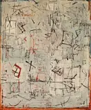 Calligraphy On An Ancient Tablet by Yvonne Audette, 1965, oil on plywood, sold Aug 2019