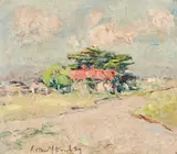 Rosebud Landscape With Red House by Arthur Boyd, 1939, oil on canvas on composition board, sold Aug 2019