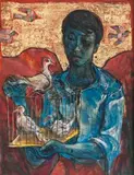 Balinese With Cage Birds by Donald Friend, c.1975, ink, watercolour, gouache and gold leaf on paper on board, sold Apr 2019