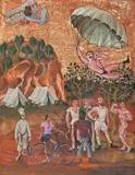 The Health And Hobbies Fitness Camp by Donald Friend, c.1963, watercolour, gouache and gold leaf on paper on board, sold Apr 2019