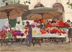 Flower Market, Nice by Ethel Carrick, c.1926, oil on board, sold Apr 2019