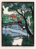 Mosman Bridge by Margaret Preston, c.1927, hand-coloured woodcut, sold Apr 2019