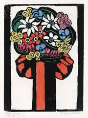 Red Bow by Margaret Preston, 1925, hand-coloured woodcut, sold Apr 2019
