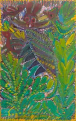 Les Chats jaunes by Anselme Boix-Vives, 1965, Gouache retravaillée à l’huile et Ripolin sur carton, sold Jun 2025
