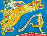 L’Auto bimoteur bondit, le capitipède lui échappe by Yvon Taillandier, Gouache sur papier, sold Jun 2025