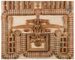 Composition by Armand Avril, 1971, Collage de pinces à linges peintes et d’éléments de bois, sold Jun 2025