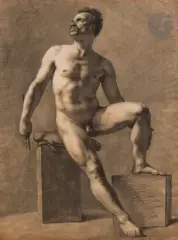 Académie du modèle dit " Le Polonais by Léon-Jean-Joseph Dubois, Crayon noir et rehauts de craie blanche, estompe, sold Jun 2025