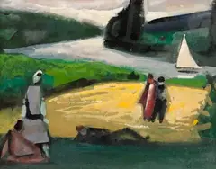 Le Repos en bord de rivière by Robert Lotiron, Gouache vernis sur carton, sold Jun 2025