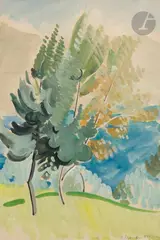 Les Arbres en bord de mer by André Beaudin, 1921, Gouache sur traits de crayon, sold Jun 2025