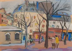 Place animée by Pierre Ambrogiani, 1953, Gouache, sold Jun 2025