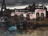 Institut médico-légal by Oscar Rabin, 1995, Huile et collage d'un paquet de cigarettes sur toile, sold May 2025