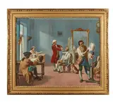 Chez le perruquier by Théodore Pierre Nicolas Maillot, 1861, Panneau, sold Oct 2023