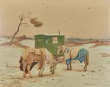 Deux chevaux devant une roulotte en Camargue by Édouard Doigneau, Aquarelle, sold Oct 2023
