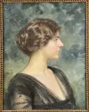 Portrait de femme de profil au chignon by Marcel Baschet, Pastel gras sur fond aquarellé, sold Oct 2023