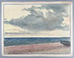 Ciel nuageux, plage rosée et barque by Tony Minartz, Aquarelle, sold Oct 2023