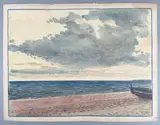 Ciel nuageux, plage rosée et barque by Tony Minartz, Aquarelle, sold Oct 2023