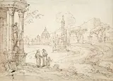 Paysage classique animé d'Italie by Giovanni Battista Busiri, Plume et encre brune sur traits de sanguine, sold Feb 2022