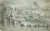 Paysage d'Italie avec un pont en ruine by Nicolas Delobel, Plume et encre brune, lavis gris et rehauts de gouache blanche sur papier bleu, sold Feb 2022