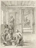 Les Arts déplorant l'avarice by Guillaume Boichot, Plume et encre noire sur traits de crayon noir, lavis gris, sold Feb 2022