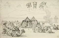 Halte dans le désert avec études de dromadaires by Prosper Marilhat, Plume et encre brune, sur traits de crayon noir, sold Feb 2022