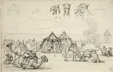 Halte dans le désert avec études de dromadaires by Prosper Marilhat, Plume et encre brune, sur traits de crayon noir, sold Feb 2022