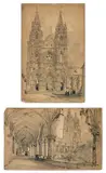 Église de Soissons, le cloître saint Jean et Vue de la cathédrale, deux dessins sur un même montage by Hubert Clerget, Crayon noir et crayons de couleurs, sold Feb 2022