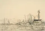 Paysage avec une cabane sur la droite by Eugène Devé, Crayon noir, sold Feb 2022