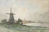 Moulins sur la berge : Owertoon by Auguste Anastasi, Aquarelle gouachée, sold Feb 2022