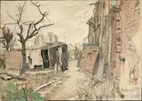 Vue des ruines de Boesinge by Lucien Ott, 1916, Crayon noir et crayons de couleurs, sold Feb 2022
