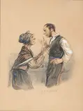 La dispute by Paul Gavarni, Aquarelle gouachée, crayon noir, sold Feb 2022