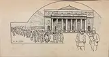 Rue animée du théâtre de l'Odéon by Henri Gabriel Ibels, Plume et encre noire, sur traits de crayon bleu, sold Feb 2022