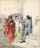 Romeo rencontrant Juliette : Acte I scène 5 by Eugène Lami, Aquarelle gouachée sur traits de crayon noir, sold Feb 2022