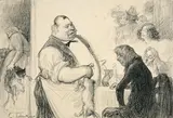 Hôtelier s'apprêtant à cuisiner le chat by Charles Léandre, Crayon comté, sold Feb 2022