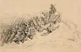 Chevalier se battant seul contre une armée by Gustave Doré, Plume et encre brune sur traits de crayon noir, sold Feb 2022