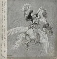Louis XIV à cheval sur Pégase by Adolphe Léon Willette, Plume et encre brune et noire sur traits de crayon bleu et grattage sur papier préparé en, sold Feb 2022
