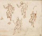 Feuille avec quatre études de Saint Jean-Baptiste by Ambrogio Figino, Plume et encre brune sur traits de crayon noir, sold Feb 2022